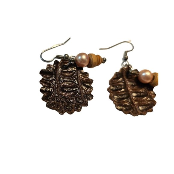 Handcrafted Leather Leaf Earrings With Pearl & Wooden Beads - Picture 4 of 6